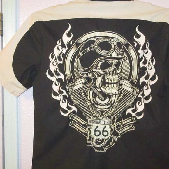 Ride or Die Highway To Hell Snap Shirt Mens Size L Skull Flame Patches Camp Goth - Picture 11 of 11